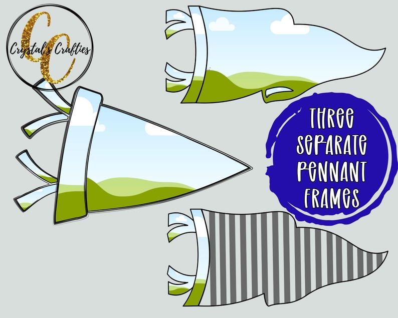 May include: Three separate pennant frames featuring a landscape design with green hills, blue sky, and white clouds. One pennant has a grey and white vertical striped pattern. The image includes the text Crystal's Crafties and Three Separate Pennant Frames.