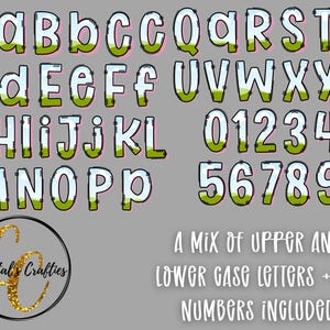 May include: A collection of uppercase and lowercase letters and numbers, with a white outline and a green and pink fill. The text "A MIX OF UPPER AND LOWER CASE LETTERS + ALL NUMBERS INCLUDED" is also present. The logo for "Crystal's Crafties" is in the lower left corner.