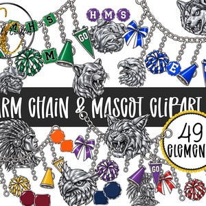 May include: A digital graphic set featuring silver chains adorned with various charms including animal mascots, cheerleading pom-poms, megaphones, bows, and pennants with the text GO. The image includes the text CHARM CHAIN & MASCOT CLIPART SET and 49 ELEMENTS.