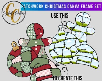 Könnte beinhalten: Ein digitales Design-Set mit Patchwork-Weihnachtselementen. Es enthält Lebkuchenmännchen, Christbaumkugeln und eine Mütze, alle mit einem genähten Design. Der Text lautet "Patchwork Christmas Canva Frame Set" und "Use This To Create This."