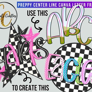 May include: A digital graphic featuring Preppy Center Line Canva Letter Frames. It displays the letters A, B, and C, a black and white checkered star with the word SHARKS in pink, and a checkered circle with the word EAGLES in pink and blue.
