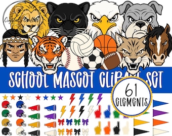 May include: A digital clip art set featuring various school mascots, including a lion, panther, eagle, bulldog, horse, and tiger. The set also includes sports balls, helmets, megaphones, lightning bolts, bows, and foam fingers. The text reads "School Mascot Clipart Set 61 Elements."