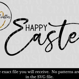 May include: Black and white graphic design with the text "Happy Easter" in a cursive font.