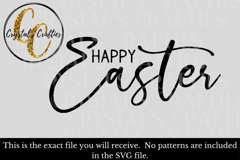 May include: Black and white graphic design with the text "Happy Easter" in a cursive font.