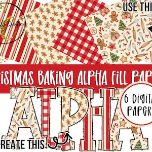 Può includere: Un set di sei carte digitali con motivi di pasticceria natalizia che includono omini di pan di zenzero, mattarelli, fruste e strisce o quadretti rossi e bianchi. Il testo recita Christmas Baking Alpha Fill Papers e 6 Digital Papers.