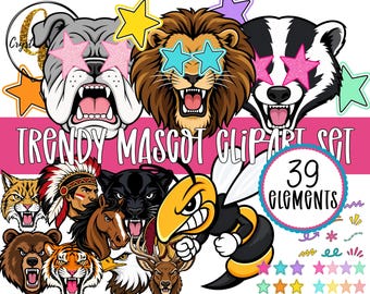 Trendy Mascot Clipart Set, Team Spirit Graphics, School Spirit PNG Bundle