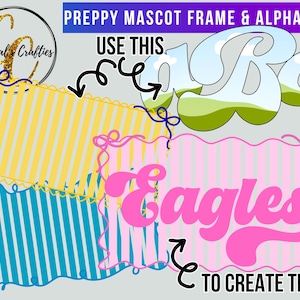 Könnte beinhalten: Ein digitales Design-Set mit dem Titel PREPPY MASCOT FRAME & ALPHA SET, das gestreifte rechteckige Rahmen in Gelb, Pink und Blau mit gewellten Rändern enthält. Beinhaltet ein stilisiertes Alphabet mit hellblauen und grünen Buchstaben.
