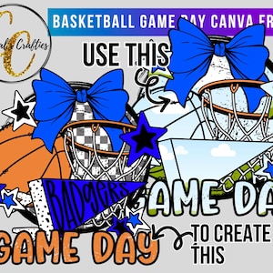 Puede incluir: Un diseño digital para un marco de Canva con temática de baloncesto. El diseño presenta una pelota de baloncesto, aros, lazos azules, estrellas y el texto "BASKETBALL GAME DAY CANVA FRAME". El diseño también incluye el texto "GAME DAY" y "BADGERS".
