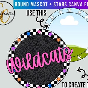 May include: A digital graphic design template featuring a round frame with a black and white checkered border, colorful stars, and a dark gray leopard print center. The word Wildcats is written in pink script. Text includes ROUND MASCOT + STARS CANVA FRAME.