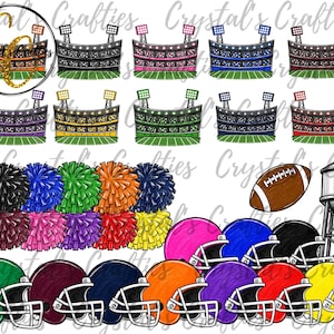 May include: A digital illustration set featuring multiple football stadiums in various colors, pom-poms in diverse hues, a brown football, a water tower, and several football helmets in different solid colors with white face masks.