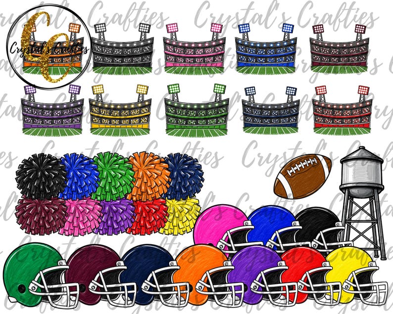 May include: A digital illustration set featuring multiple football stadiums in various colors, pom-poms in diverse hues, a brown football, a water tower, and several football helmets in different solid colors with white face masks.