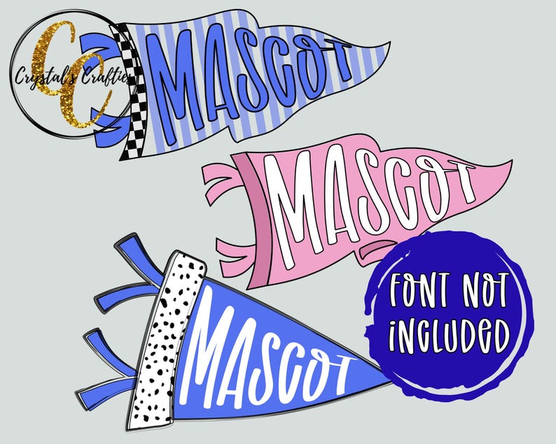 May include: Three pennant designs featuring the word MASCOT in bold lettering. The top pennant is light blue with vertical stripes and a checkered border. The middle is pink with ribbons. The bottom is blue with a black and white spotted border.