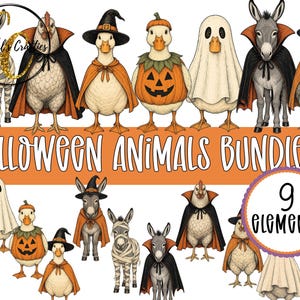 Funny Halloween Animals Clipart Set, Halloween Animals in Costume Clipart Bundle, Halloween Goose PNG