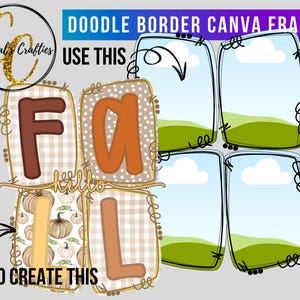 May include: A digital design featuring the word "FALL" in brown and orange letters, with a pumpkin and plaid pattern. The design includes the text "USE THIS" and "TO CREATE THIS" with doodle border Canva frames.