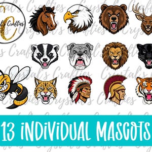 May include: A digital collection of 13 individual mascot illustrations featuring a horse, eagle, bear, deer, badger, bulldog, lion, panther, wasp, bobcat, warrior with headdress, Roman soldier, and tiger, with a logo reading Crystal's Crafties.