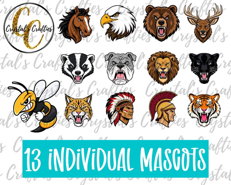 May include: A digital collection of 13 individual mascot illustrations featuring a horse, eagle, bear, deer, badger, bulldog, lion, panther, wasp, bobcat, warrior with headdress, Roman soldier, and tiger, with a logo reading Crystal's Crafties.