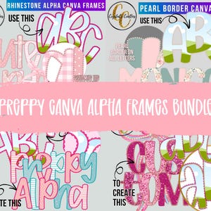 Op de afbeelding: Een digitale kunstbundel met preppy Canva alpha frames in verschillende stijlen. De afbeelding toont voorbeelden met strass, parelranden en patronen in roze, blauw en groen. Tekst bevat "Preppy Canva Alpha Frames Bundle."