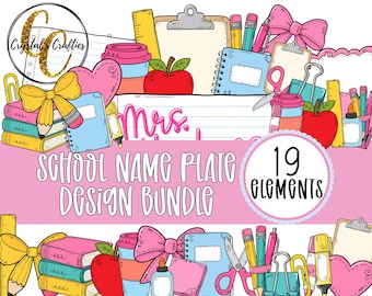 Clipart-Paket mit Schulnamensschildern, Namensdesign-Set für den Schulanfang, individuelle Namensschilder für Lehrer (PNG)