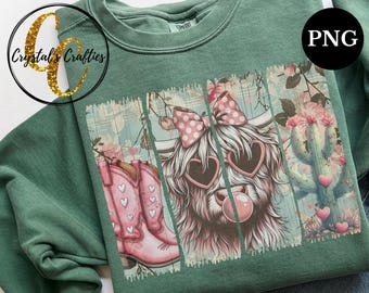 May include: A green sweatshirt with a graphic print of a Highland cow wearing pink heart-shaped sunglasses and a pink bow. The cow is holding a pink bubble. The graphic is surrounded by pink flowers and a cactus.