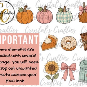 May include: A digital illustration sheet featuring autumn-themed graphics including pumpkins, a caramel apple, pumpkin pie, a donut, cinnamon sticks, a sunflower, a pink bow, and a scarf. A pink box contains the text: IMPORTANT Some elements are bundled with several per page. You will need to crop out unwanted items to achieve your final look.
