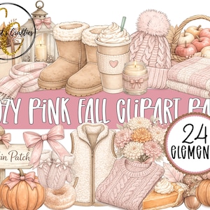 May include: A digital illustration set titled Cozy Pink Fall Clipart Pack featuring 24 elements including tan boots, a pink knit hat, a basket of apples, a pumpkin patch sign, a fleece vest, a cable knit sweater, pumpkins, and a coffee cup.