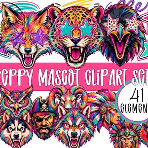 May include: A digital graphic set featuring colorful animal mascots including a fox, leopard, eagle, owl, dragon, husky, ram, and pirate. The text reads PREPPY MASCOT CLIPART SET 2 and 41 ELEMENTS. The designs feature vibrant neon colors and star shapes.