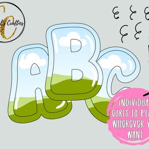 May include: A digital design featuring the letters A, B, and C in a bubble letter style. The letters have a landscape scene inside with green hills, blue sky, and white clouds. The design includes swirls and text that reads "INDIVIDUAL GURLS TO PLACE WHEREVER YOU WANT".