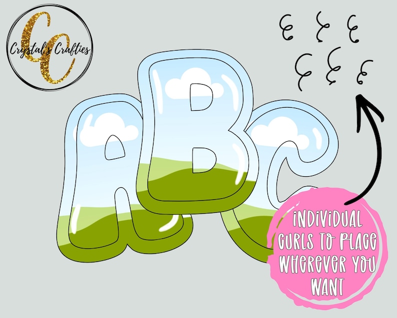 May include: A digital design featuring the letters A, B, and C in a bubble letter style. The letters have a landscape scene inside with green hills, blue sky, and white clouds. The design includes swirls and text that reads "INDIVIDUAL GURLS TO PLACE WHEREVER YOU WANT".