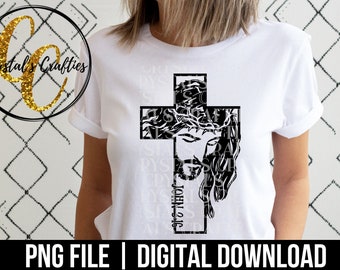 May include: Black and white digital download of a graphic design featuring a cross with a crown of thorns and a man's face inside. The text "He is the" and "John 3:16" are visible on the cross.