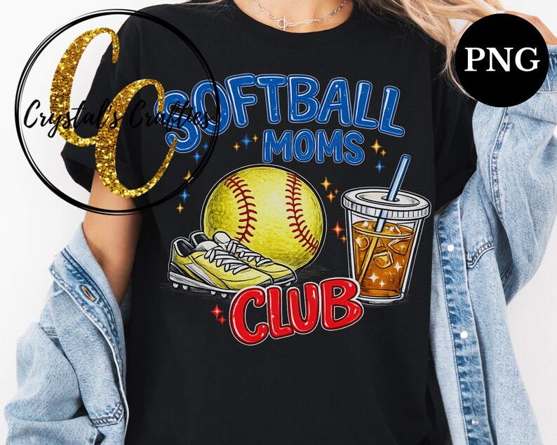 May include: Black t-shirt with a softball graphic. The design includes a yellow softball, yellow cleats, a drink with ice, and the words "Softball Moms Club" in blue and red.