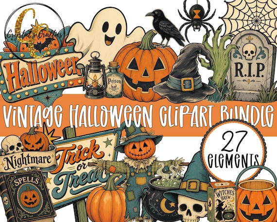 Vintage Halloween Clipart Bundle, Classic Halloween PNG Bundle, Nostalgic Halloween Clipart Set
