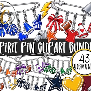 Könnte beinhalten: Eine digitale Illustration eines Spirit-Pin-Clipart-Pakets mit Sicherheitsnadeln und hängenden Anhängern wie Pompons, Schleifen, Megafonen, Fußbällen, Pfeifen und Schaumstofffingern. Der Text lautet SPIRIT PIN CLIPART BUNDLE und 43 ELEMENTS.