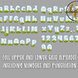 May include: A full alphabet and number set in a bubble-style font. The letters and numbers are white with a green and blue interior, and the text "FULL UPPER AND LOWER GASE ALPHABET INCLUDING NUMBERS AND PUNCTUATION" is at the bottom.