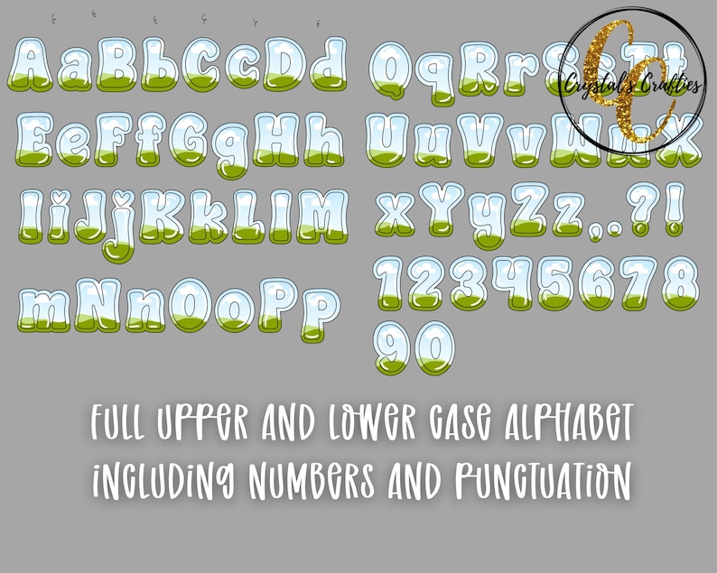 May include: A full alphabet and number set in a bubble-style font. The letters and numbers are white with a green and blue interior, and the text "FULL UPPER AND LOWER GASE ALPHABET INCLUDING NUMBERS AND PUNCTUATION" is at the bottom.