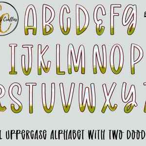 Może przedstawiać: Pełny alfabet wielkich liter z dwoma bazgrołami. Litery są białe z czerwonym obrysem i zielono-niebieskim gradientem. Tekst "FULL UPPERCASE ALPHABET WITH TWO DOODLES" znajduje się na dole.