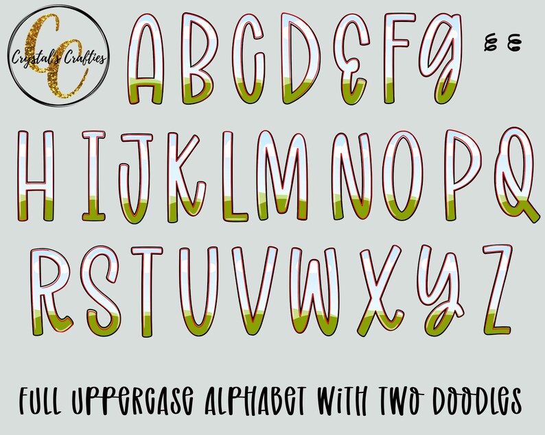 Może przedstawiać: Pełny alfabet wielkich liter z dwoma bazgrołami. Litery są białe z czerwonym obrysem i zielono-niebieskim gradientem. Tekst "FULL UPPERCASE ALPHABET WITH TWO DOODLES" znajduje się na dole.