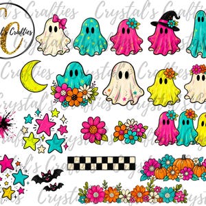May include: A digital collection of illustrations featuring ghosts in various colors, some with bows, hats, or flowers. Includes a yellow crescent moon, colorful stars, a paint splatter, a checkered strip, pumpkins, and floral arrangements.