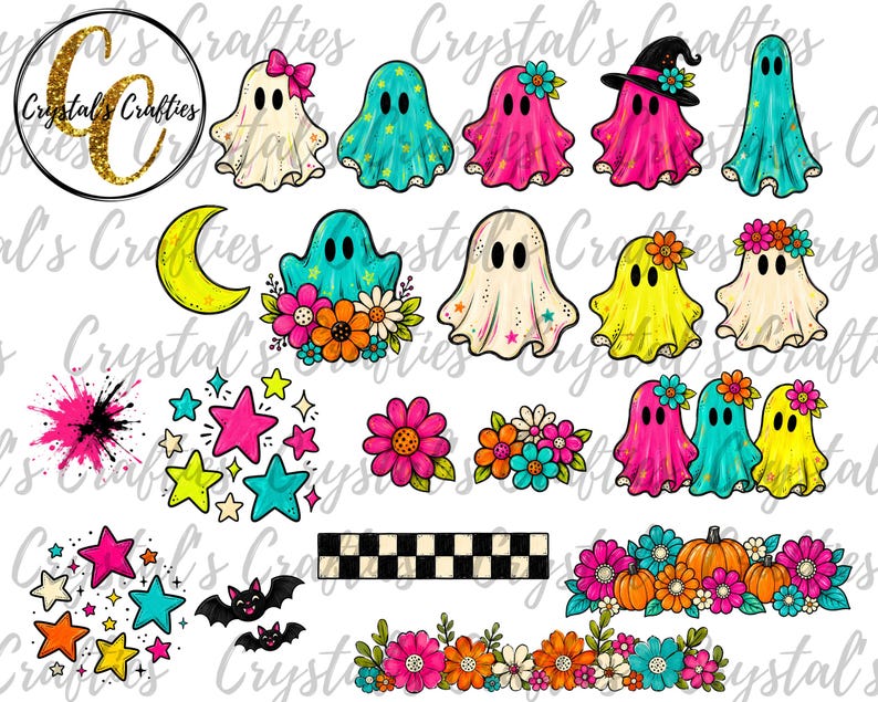 May include: A digital collection of illustrations featuring ghosts in various colors, some with bows, hats, or flowers. Includes a yellow crescent moon, colorful stars, a paint splatter, a checkered strip, pumpkins, and floral arrangements.