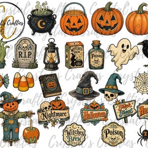 May include: A collection of Halloween-themed illustrations including a bubbling cauldron, jack-o'-lanterns, a tombstone with R.I.P., a lantern, a Witches Brew box, a poison bottle, a ghost, a raven, candy, a spell book, a witch hat, and a spider web.