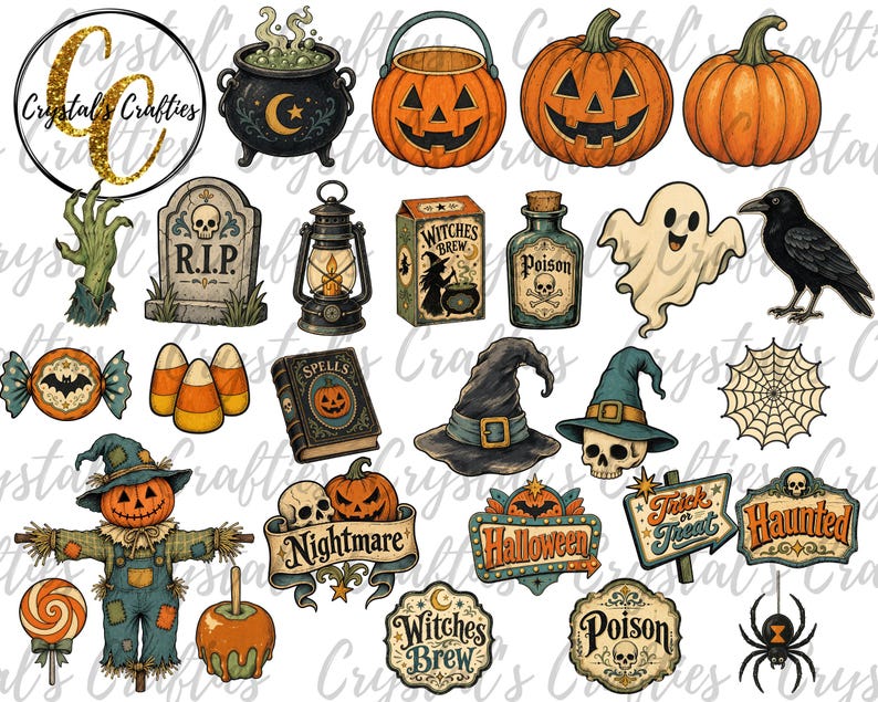 May include: A collection of Halloween-themed illustrations including a bubbling cauldron, jack-o'-lanterns, a tombstone with R.I.P., a lantern, a Witches Brew box, a poison bottle, a ghost, a raven, candy, a spell book, a witch hat, and a spider web.