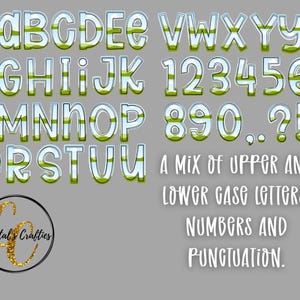 Może przedstawiać: Zbi&oacute;r wielkich i małych liter, cyfr i znak&oacute;w interpunkcyjnych. Litery i cyfry mają zielono-biały wz&oacute;r ze srebrnym obrysem. Zawiera r&oacute;wnież tekst "A mix of upper and lower case letters, numbers and punctuation".