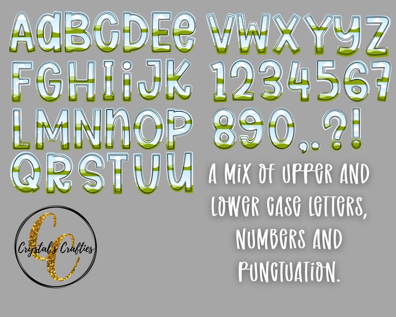 Może przedstawiać: Zbi&oacute;r wielkich i małych liter, cyfr i znak&oacute;w interpunkcyjnych. Litery i cyfry mają zielono-biały wz&oacute;r ze srebrnym obrysem. Zawiera r&oacute;wnież tekst "A mix of upper and lower case letters, numbers and punctuation".
