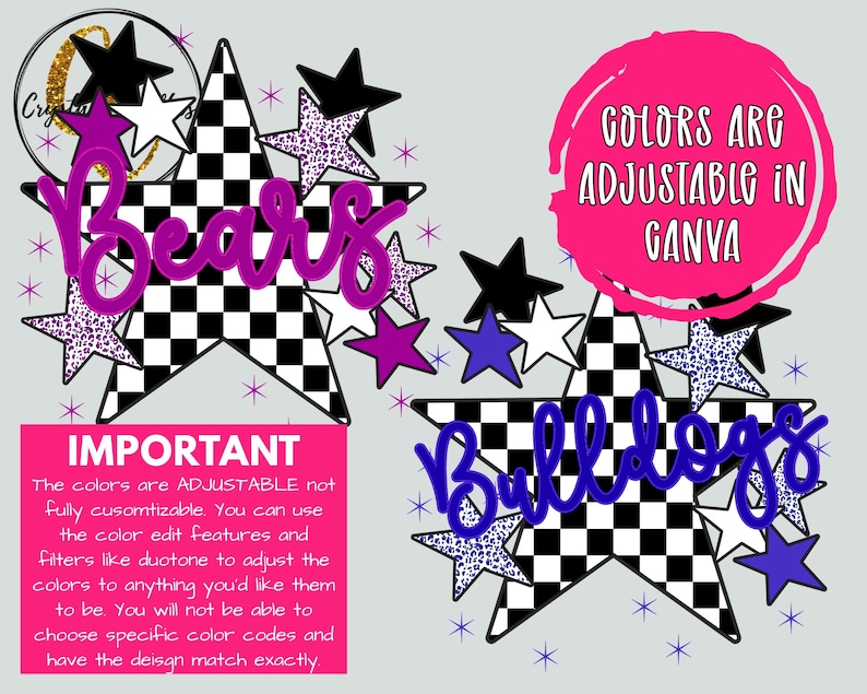 May include: Digital design featuring the word "Bears" in a purple script, set against a black and white checkered star. Additional stars in black, white, and purple with leopard print accents. The word "Bulldogs" is also featured. Text states "Colors are adjustable in Canva."