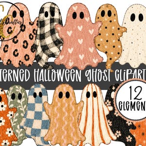 Patterned Halloween Ghost Clipart Set, Fall Ghost PNG Bundle, Cute Patterned Ghost PNG, Halloween Clipart Bundle