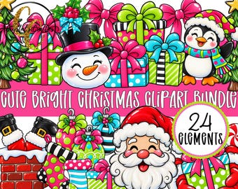 May include: A digital illustration set featuring 24 Christmas elements including a snowman, Santa Claus, a penguin, wrapped gifts, ornaments, and stockings. The text reads CUTE BRIGHT CHRISTMAS CLIPART BUNDLE and 24 ELEMENTS in a bright pink banner.