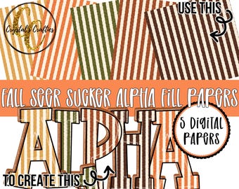 Könnte beinhalten: Fünf digitale Papiere mit vertikalen Streifenmustern in Orange-, Grün- und Brauntönen. Das Bild enthält den Text "FALL SEER SUCKER ALPHA FILL PAPERS", "USE THIS", "5 DIGITAL PAPERS", "TO CREATE THIS" und "Crystal's Crafties".