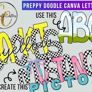 May include: Digital design featuring the words "Yellow Jackets Mustangs Picton" in a playful font. The letters are in yellow, pink, and blue, with checkered accents. The text "Preppy Doodle Canva Letters" is at the top.