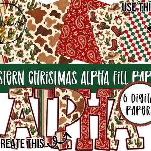 Könnte beinhalten: Sechs digitale Papiere mit weihnachtlichen Western-Mustern, darunter Kakteen, Kuhflecken, rotes Paisley, Cowboyhüte sowie rot-grüne Karomuster. Der Text lautet Western Christmas Alpha Fill Papers und 6 Digital Papers to create this.