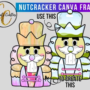 May include: A digital illustration of two cartoon nutcrackers with crowns, mustaches, and rosy cheeks. The text "NUTCRACKER CANVA FRAME" and "USE THIS TO CREATE THIS" is displayed above and below the nutcrackers. The Crystal's Crafties logo is in the upper left corner.