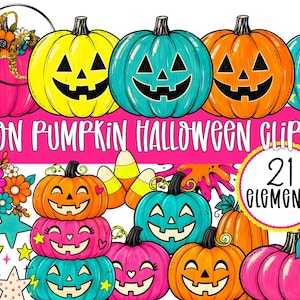 May include: A collection of neon-colored pumpkin illustrations featuring jack-o'-lantern faces in shades of pink, yellow, teal, and orange. The graphic includes floral accents, candy corn, and stars, with the text NEON PUMPKIN HALLOWEEN CLIPART and 21 ELEMENTS.
